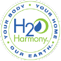 Logo for H2O Harmony water purification: text within a circle; blue and green water drop icon.