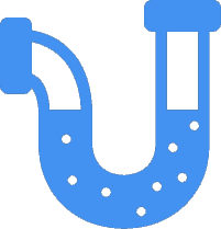Blue U-shaped plumbing trap with water and bubbles inside.