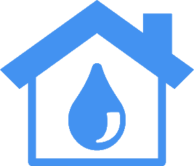 Blue house silhouette with a blue water droplet inside.