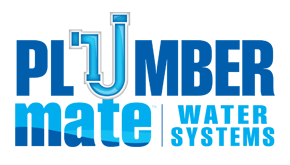 Logo for Plumbmate Water Systems: blue text with a pipe graphic replacing the 