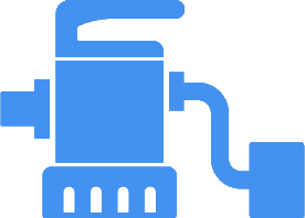 Blue submersible water pump with handle and outlet.