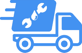 Blue service truck with wrench and water drop symbol.