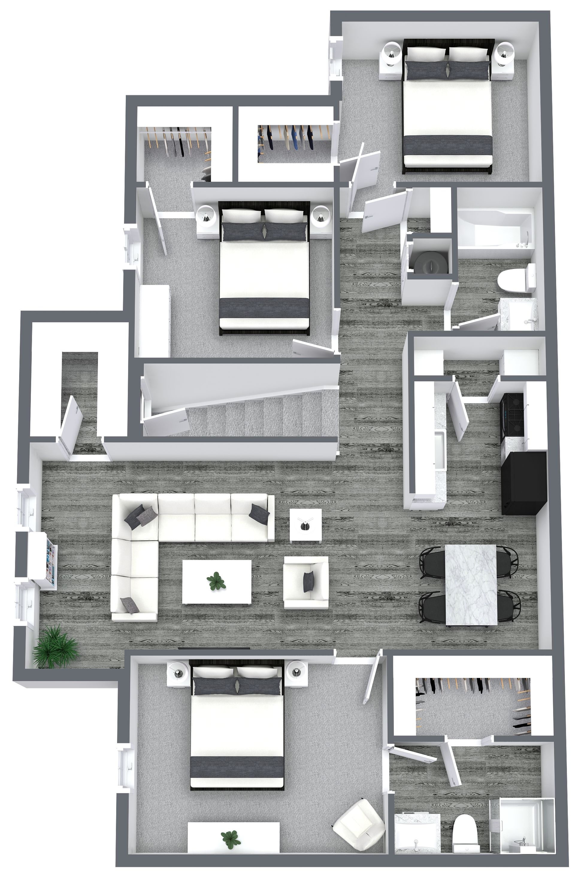 Floor plan: 3-bedroom apartment with open living/dining, carpeted floors, and multiple closets.