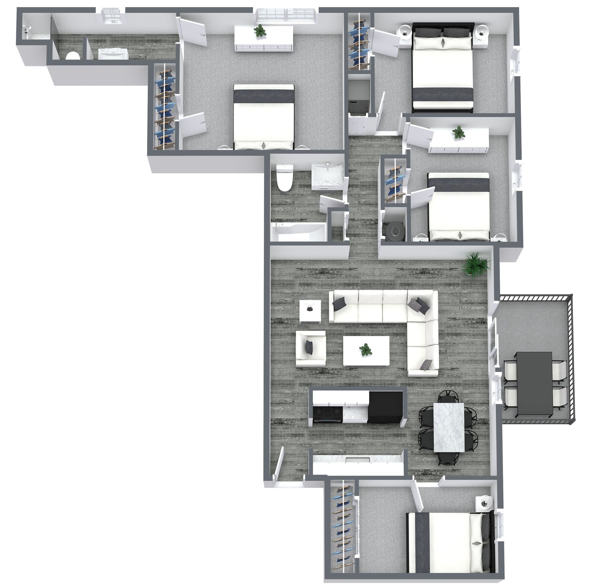 Floor plan of a modern apartment with four bedrooms, living area, kitchen, and patio.