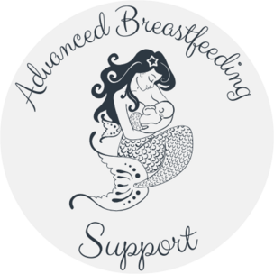 Advanced Breastfeeding Support logo with a mermaid holding a baby in black and gray text.