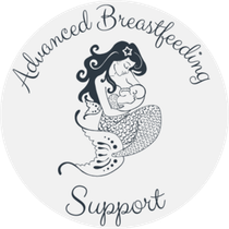 Advanced Breastfeeding Support logo with a mermaid holding a baby in black and gray text.