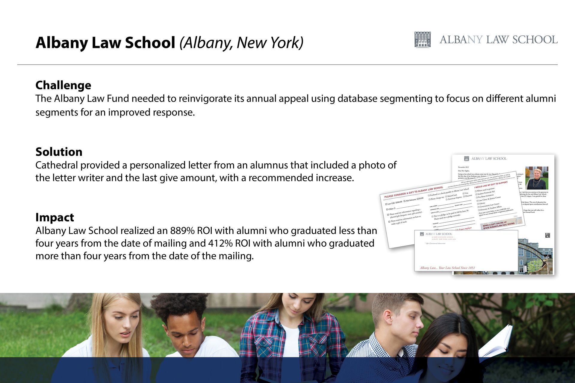 A flyer for albany law school shows a group of students