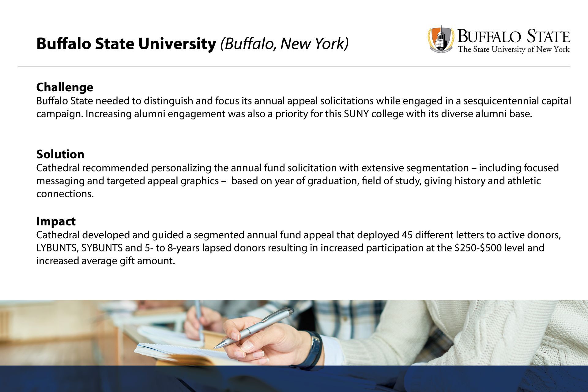 A flyer for buffalo state university shows a person writing on a piece of paper