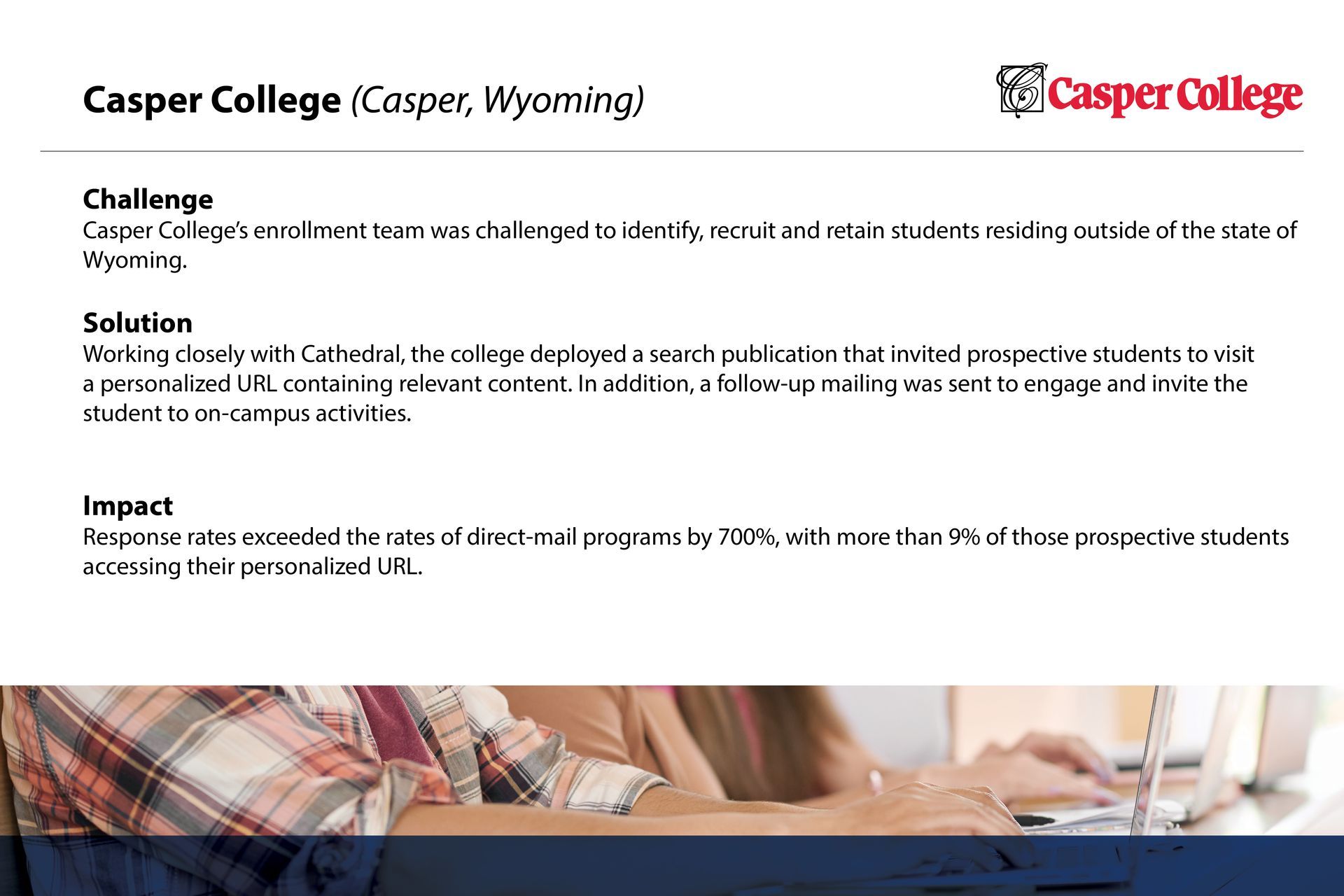 A poster for casper college shows a man typing on a laptop