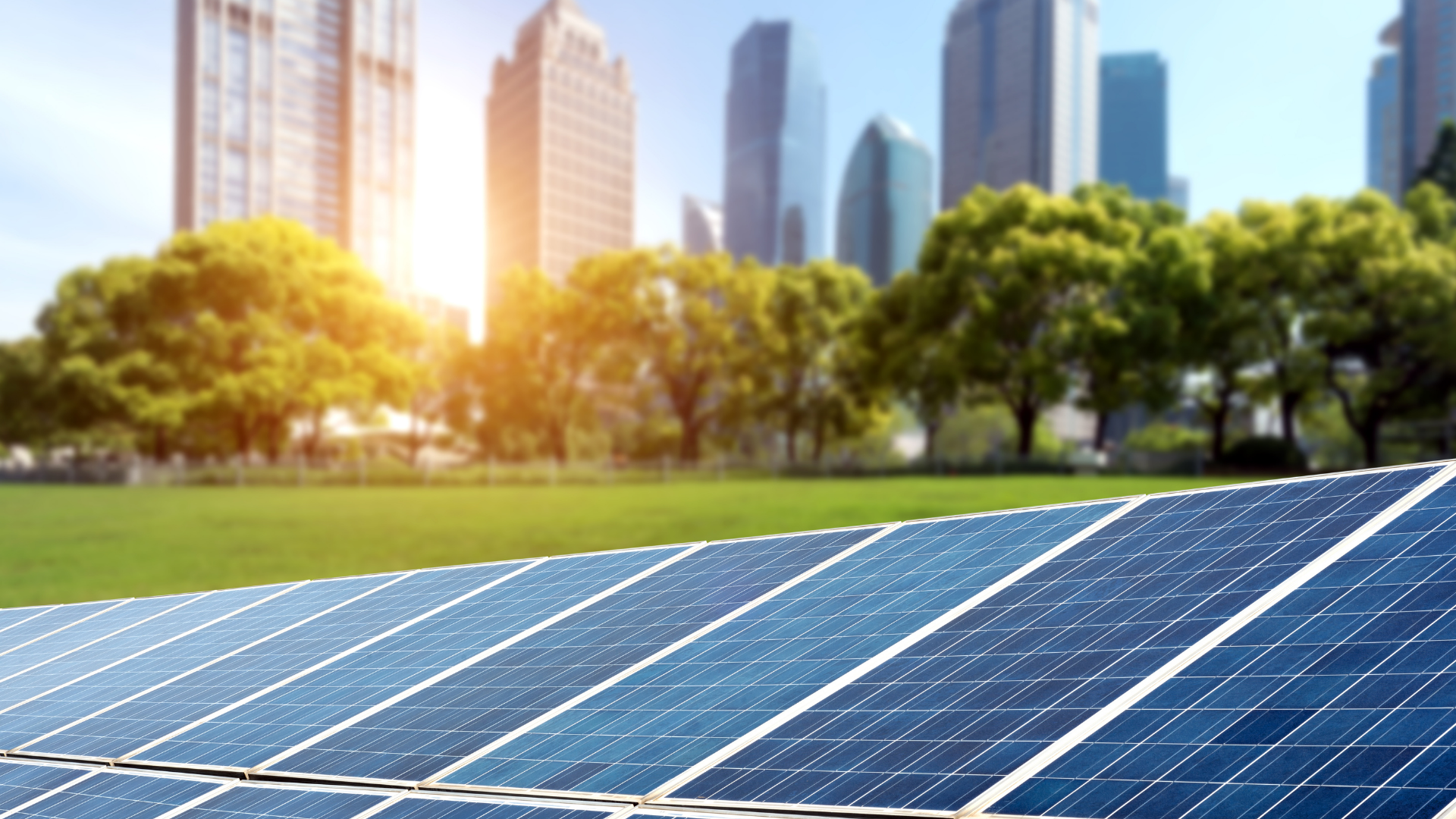 Solar panels in the foreground with a grassy park, trees, and city skyscrapers in the background under sunlight.
