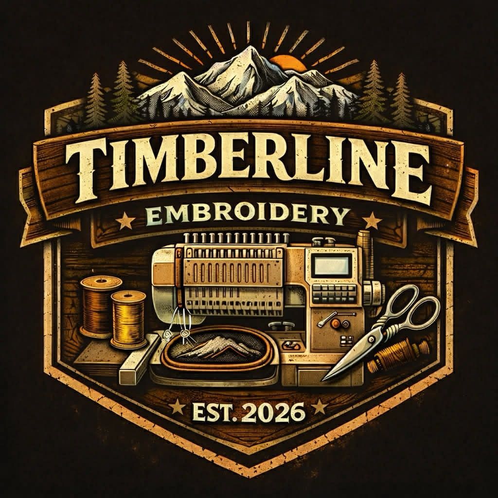Logo for Timberline Embroidery featuring a sewing machine, thread, and scissors set against a mountain backdrop.