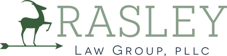 Logo for Rasley Law Group, PLLC featuring a dark green deer standing on an arrow above the company name in grey text.