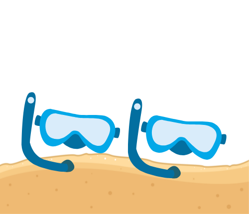 Two blue snorkels and masks on sand.