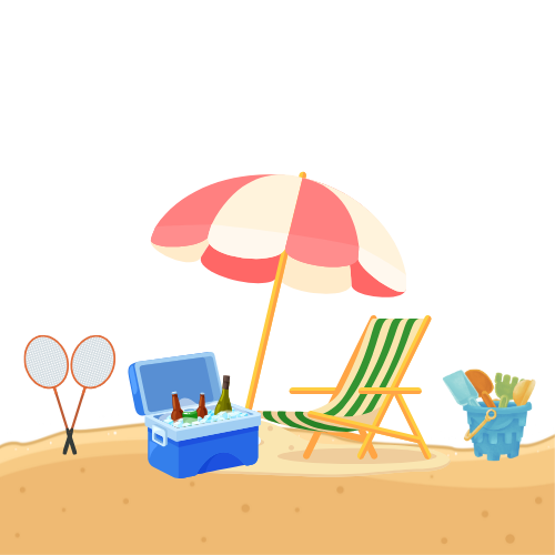Beach scene: beach umbrella, cooler with drinks, beach chair, badminton rackets, and bucket of toys.