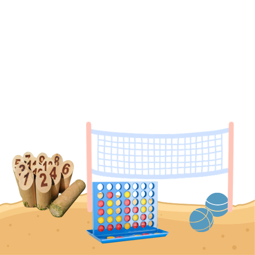 Outdoor games: skittles, Connect 4, cornhole, and bean bags on sand.