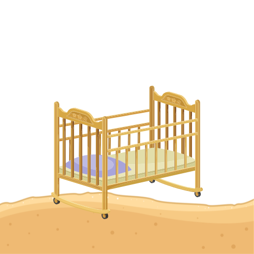 Beach chair on sand; blue and white striped fabric, wooden frame.