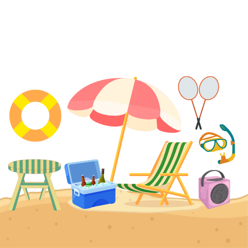 Beach scene with a life preserver, table, cooler, umbrella, chair, rackets, mask, and radio on sand.