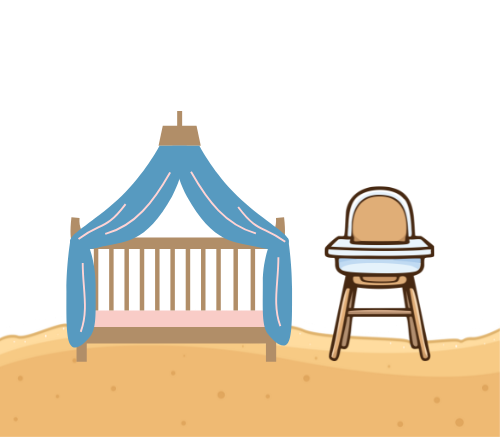 Crib with blue canopy and a high chair on a sandy ground.
