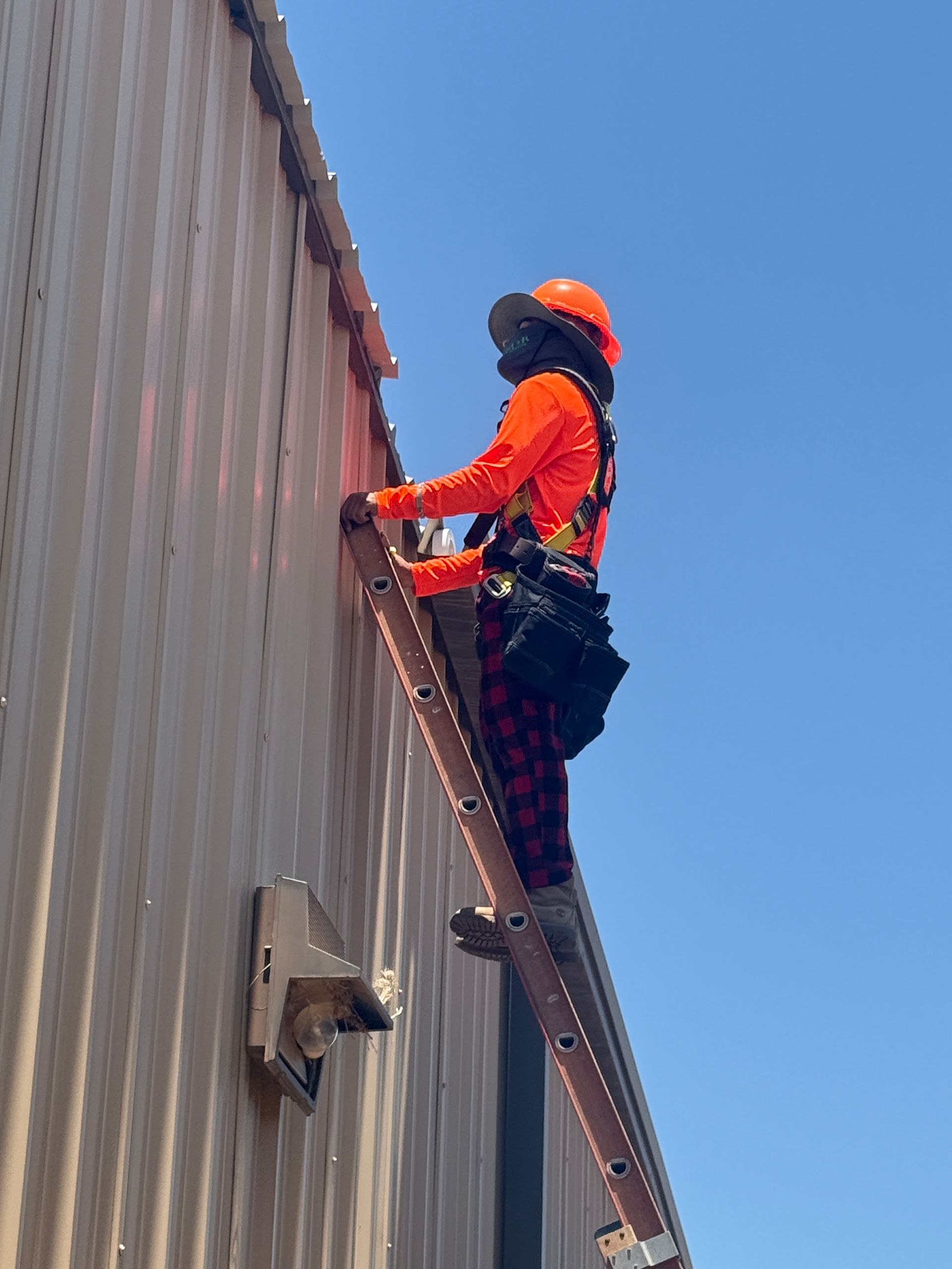 Worker in orange safety gear climbs a ladder against a corrugated metal wall.