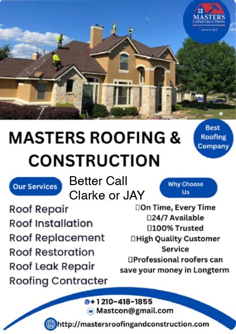 Roofing company ad for Masters Roofing & Construction with house photo and service list, blue and white branding