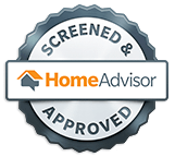 HomeAdvisor screened and approved badge with gray seal and orange-blue logo