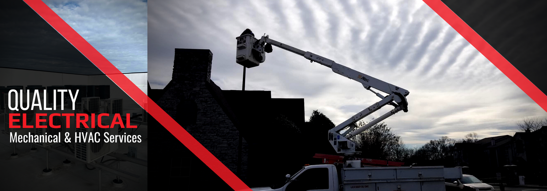 Quality Electrical Services logo with a bucket truck silhouette against a cloudy sky
