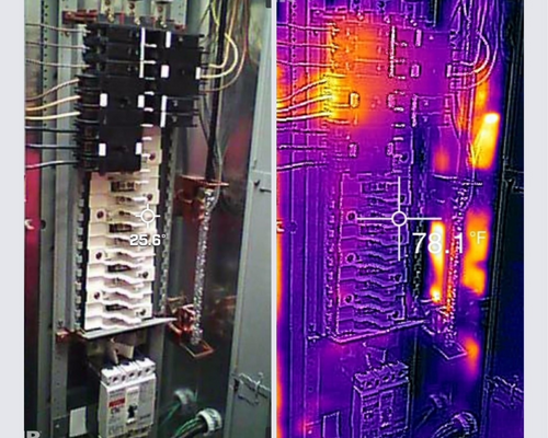 Electrical panel shown in normal view and thermal view, revealing hot spots on components.