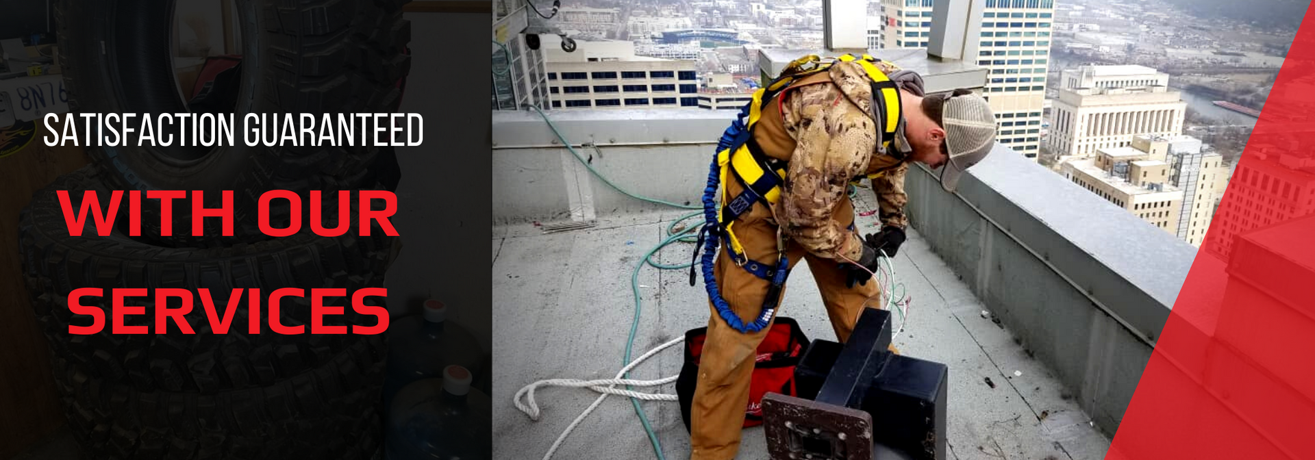 Worker in yellow safety gear on a rooftop, with “SATISFACTION GUARANTEED WITH OUR SERVICES” text.