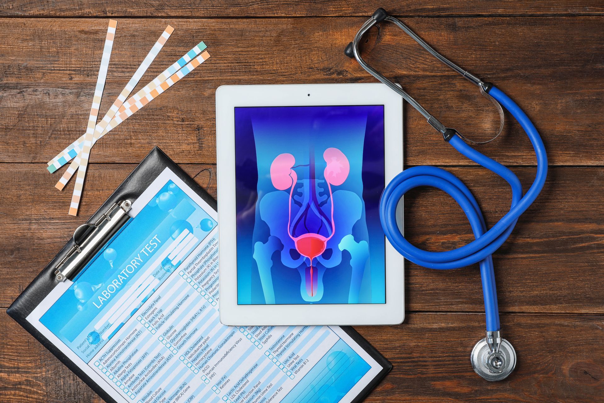 A tablet with a prostate image, a stethoscope, and a test form on a wooden background.