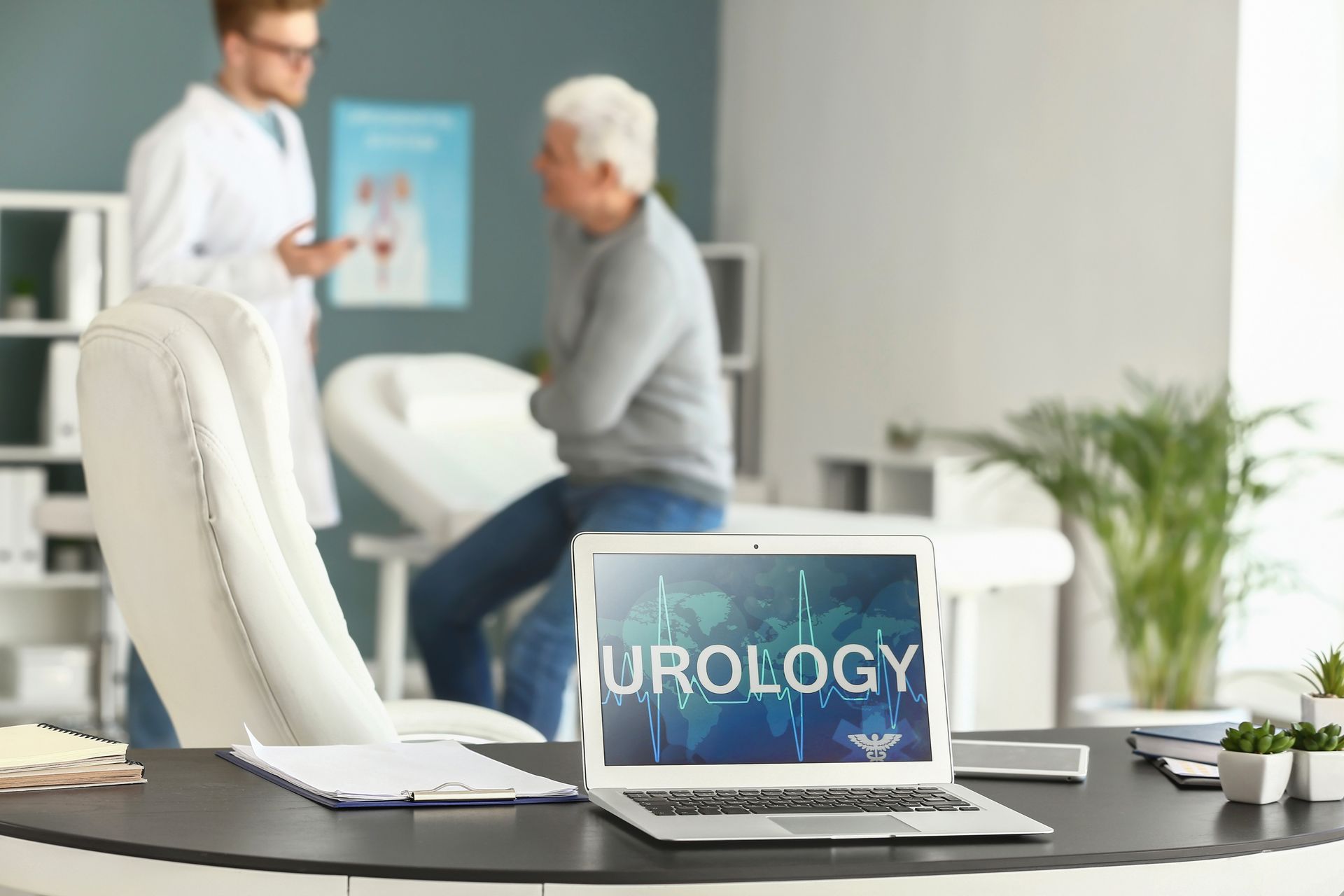 prostate screening consultation in urology office with doctor and patient discussing results. prostate screening consultation in urology office with doctor and patient discussing results.