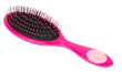 Pink oval hairbrush with black bristles and a pink handle.