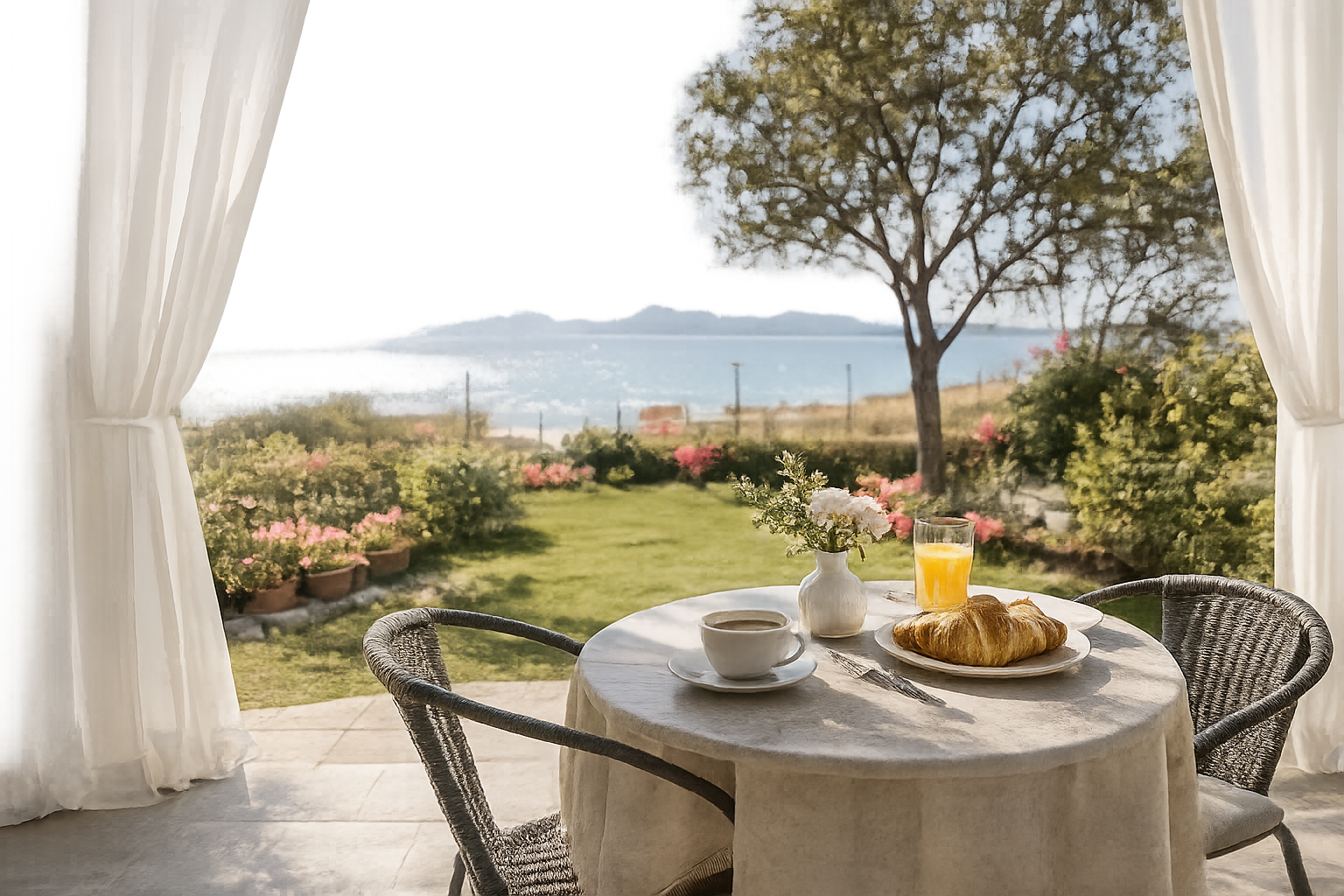 Tavolo da patio con colazione, affacciato su un giardino soleggiato e sulle montagne in lontananza, incorniciato da tende bianche.