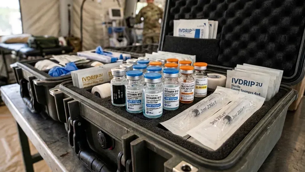 A close-up of a mobile medical kit showing sterile equipment and sealed vitamin vials]
