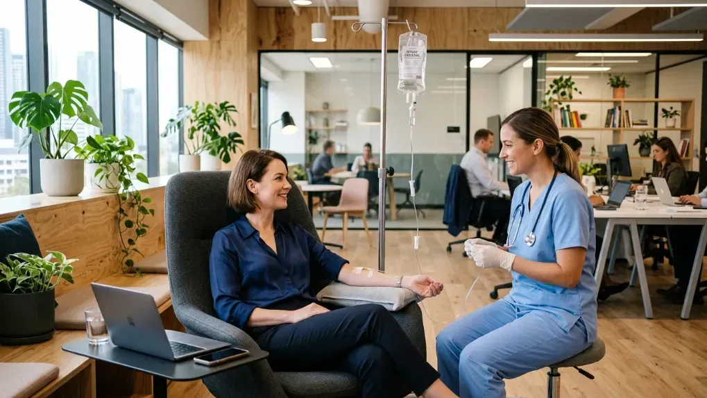 A relaxed professional receiving an intravenous hydration treatment in a modern office space