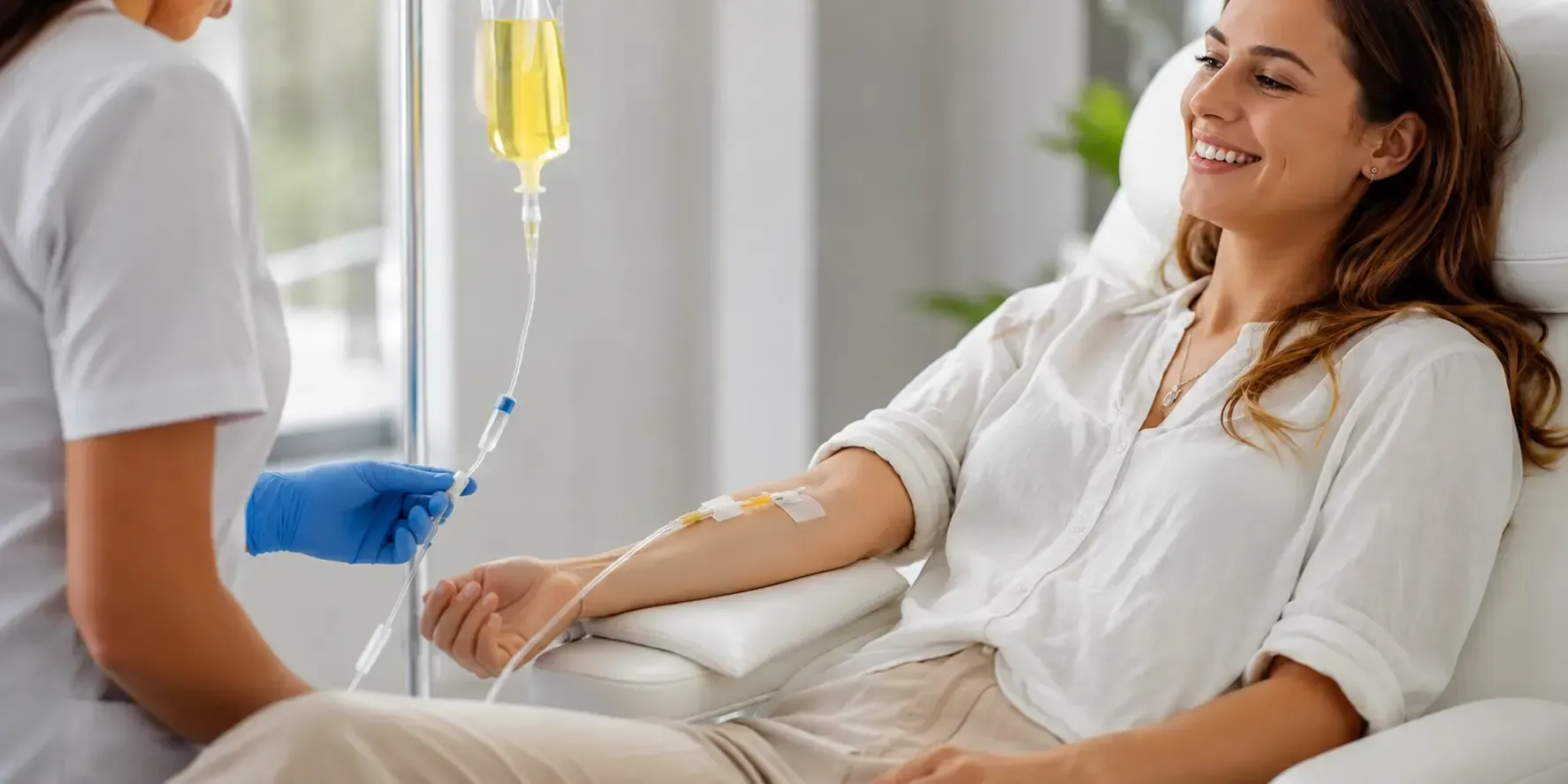 Medical professional administering an anti aging and beauty IV vitamin drip to a smiling woman in a modern wellness clinic to support healthy skin, hydration, collagen production, and a radiant complexion.