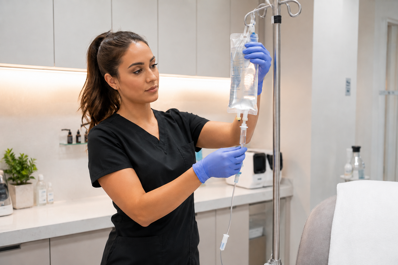 Medical professional preparing an IV drip in a bright clinic room