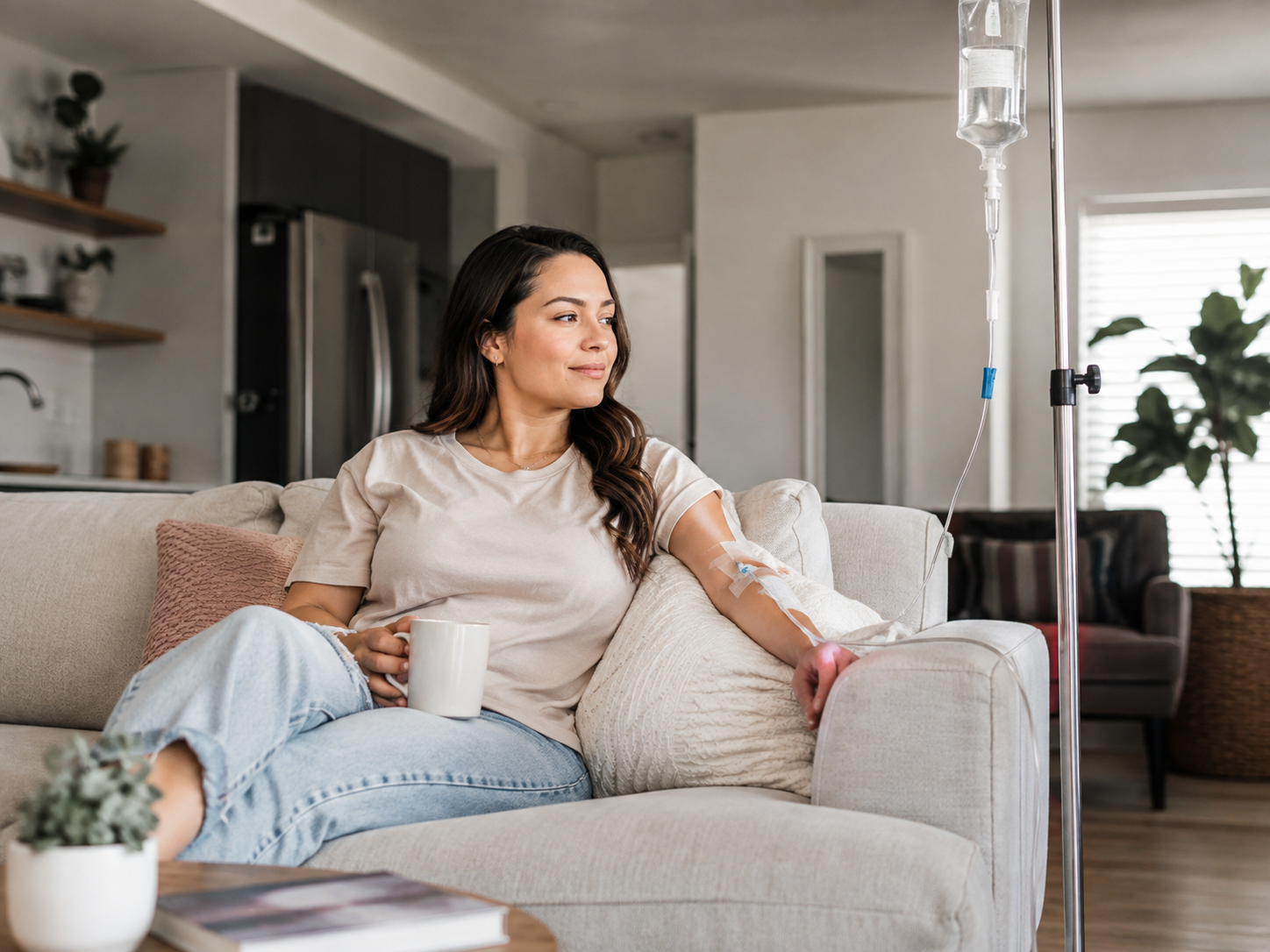 Woman sitting on a beige sofa in a bright living room, looking out the window beside an IV stand.