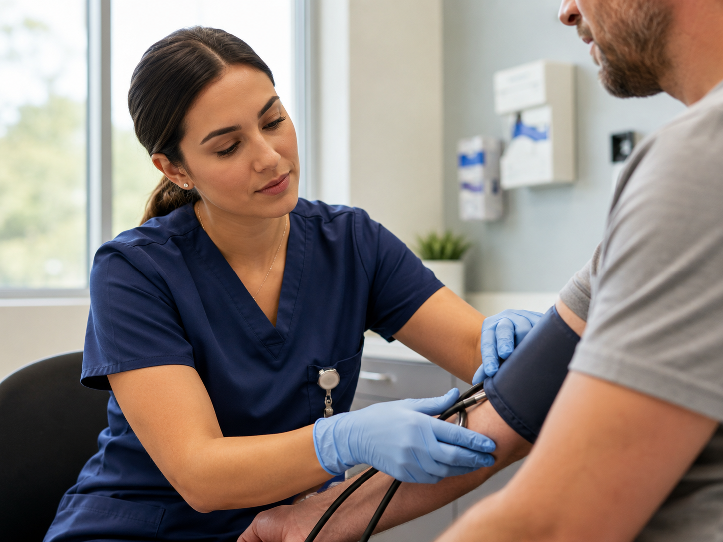 Nurse in navy scrubs checking a patient’s blood pressure with a cuff in a clinic room