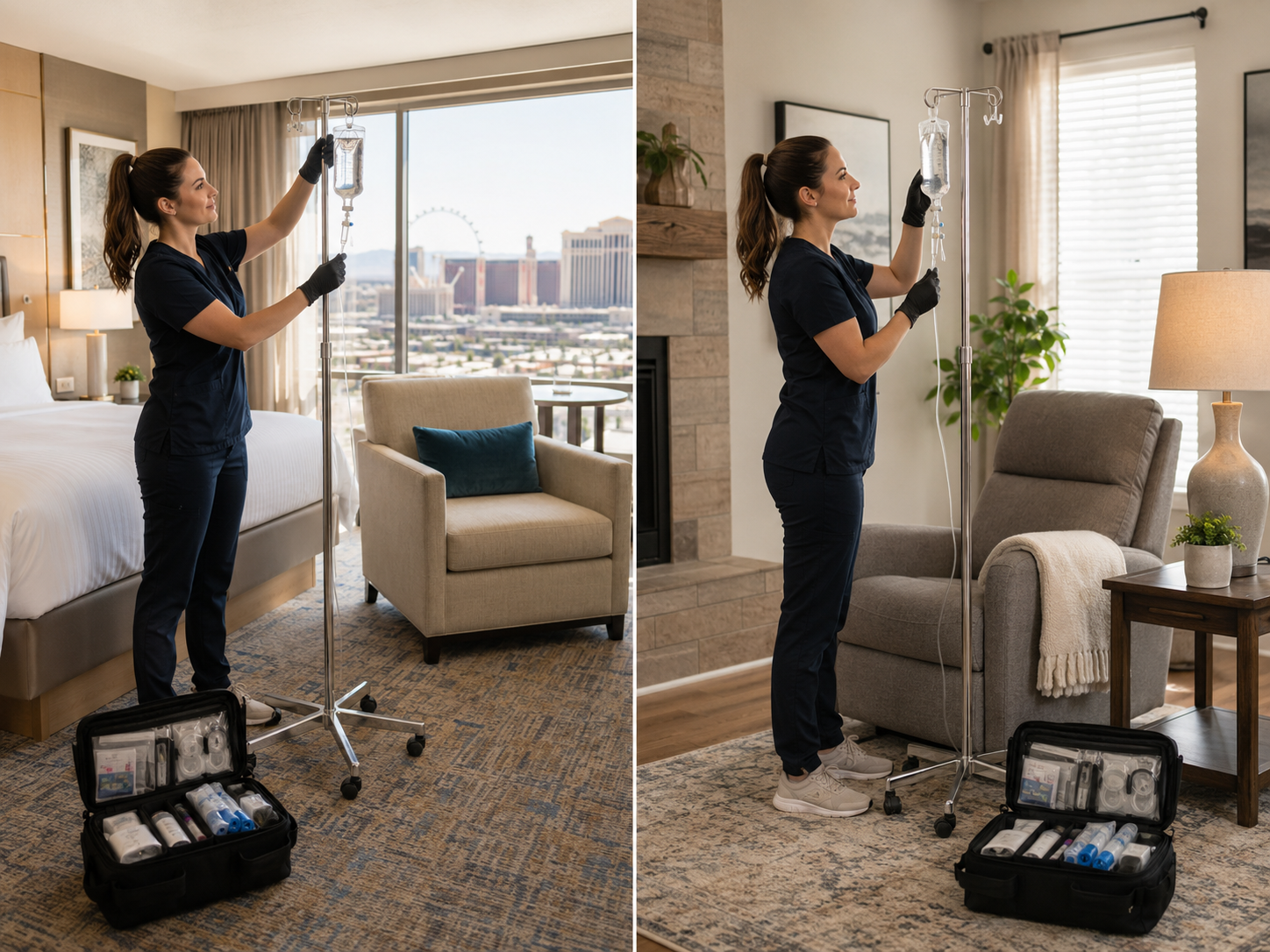 Person cleaning a living room window with a vacuum and tool, beside a chair and lamp.