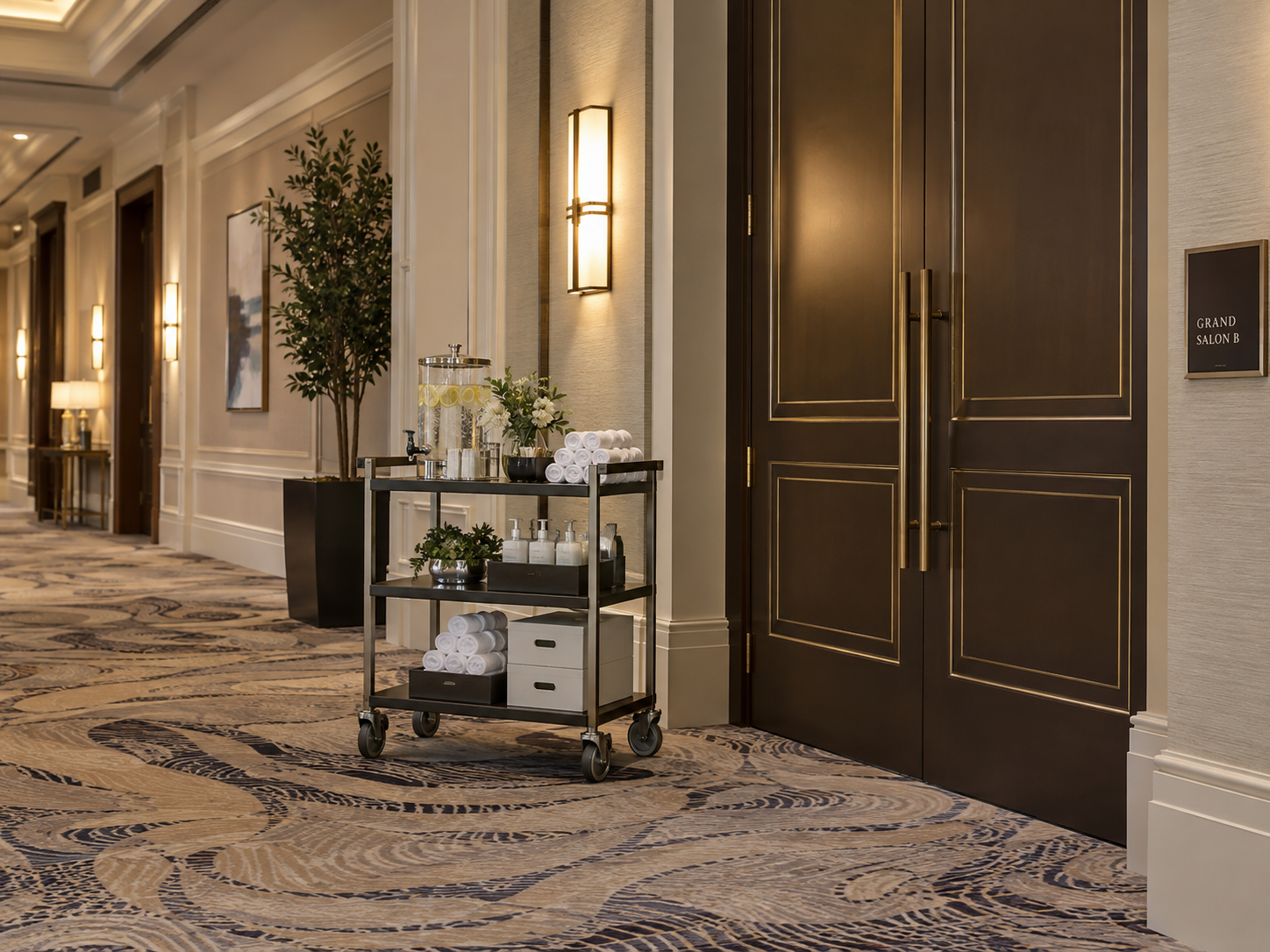 Elegant hotel hallway with patterned carpet, wall sconces, and a small service cart beside a doorway
