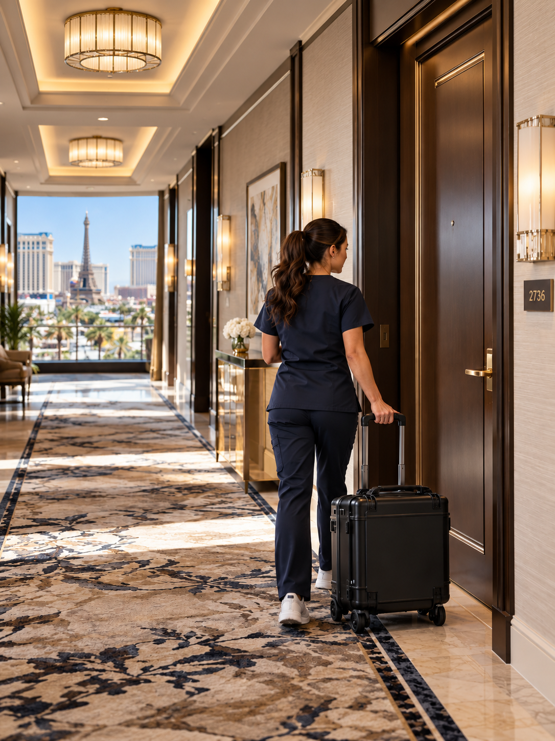 Traveler rolling a black suitcase down a hotel hallway with city view through the windows