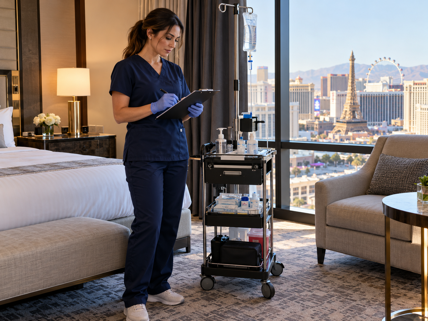 Hotel housekeeper with a cleaning cart in a guest room, checking a tablet beside a bed and city-view window.