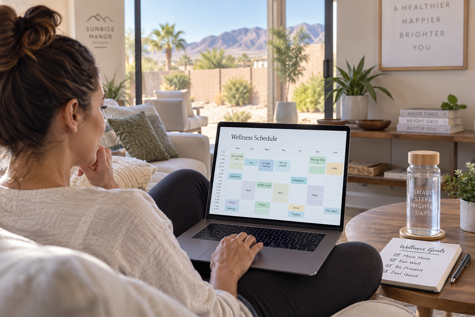 Woman working on a laptop in a bright living room with plants and a water bottle on the table