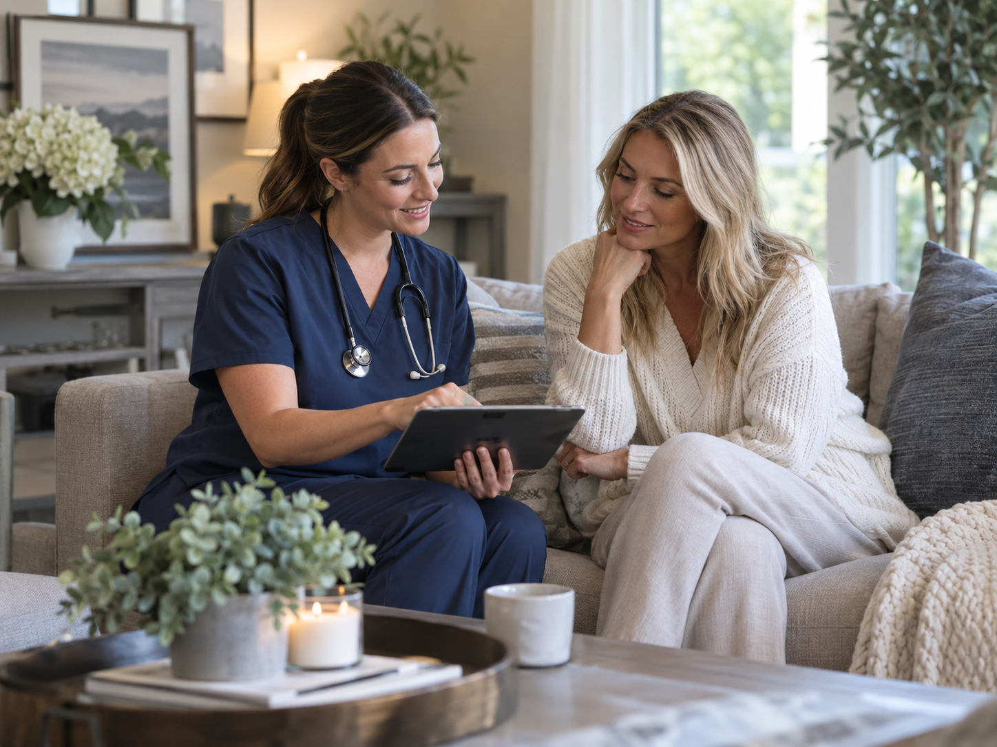 Two women on a couch reviewing a tablet in a bright living room.