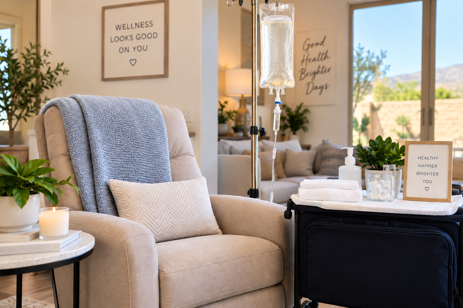 Cozy living room with beige armchair, blue throw, black coffee table, and framed wall art near a window