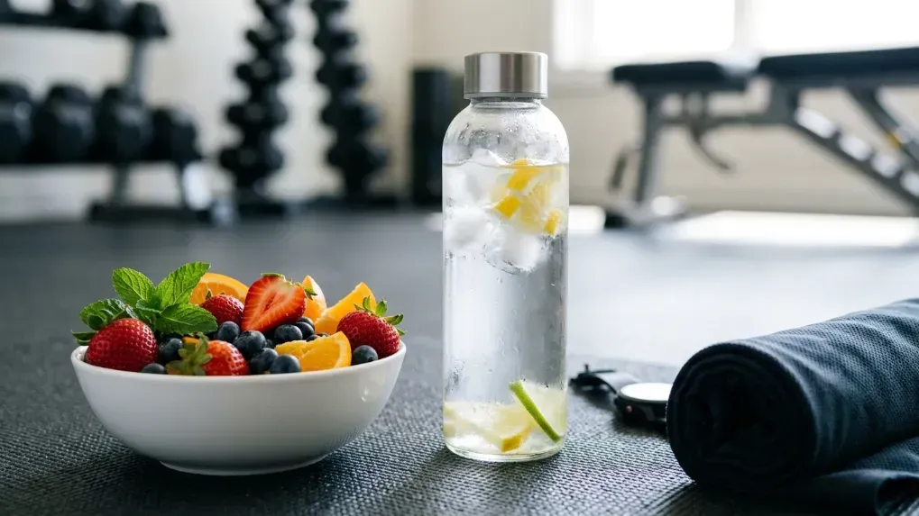 Close up of fresh fruit, water, and athletic gear emphasizing health and recovery