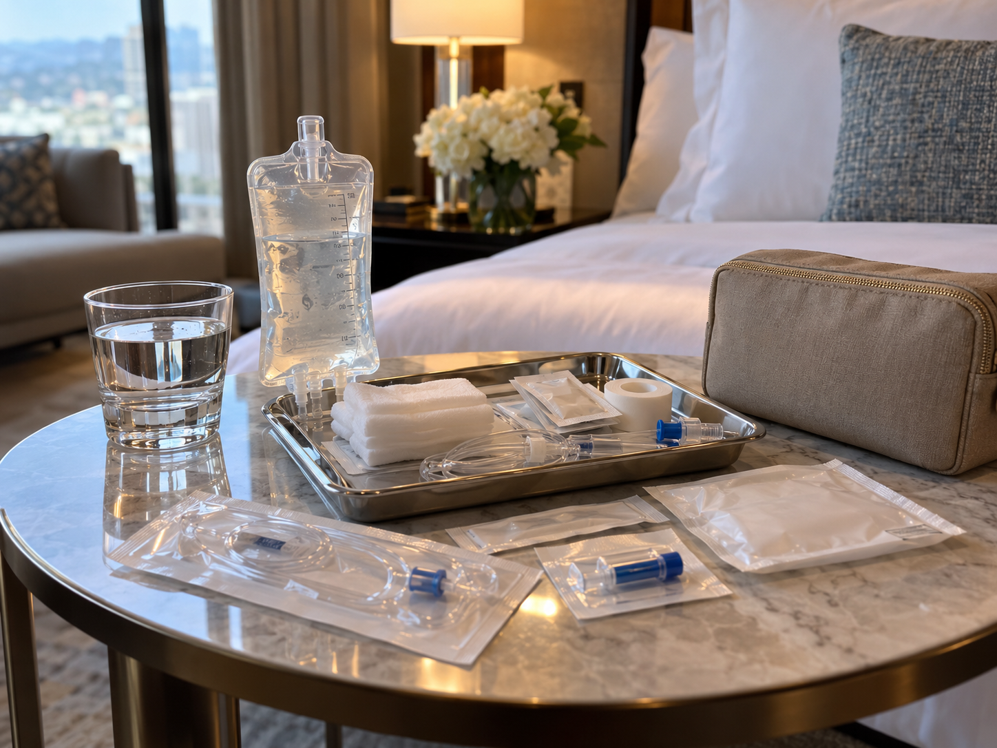 Hotel bedside table with water, toiletries, and a glass tray beside a neatly made bed