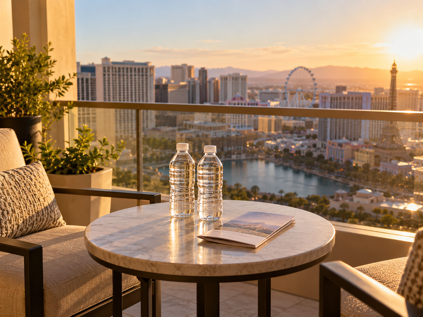 Balcony view at sunset with table, chairs, water bottles, and a city skyline with ferris wheel