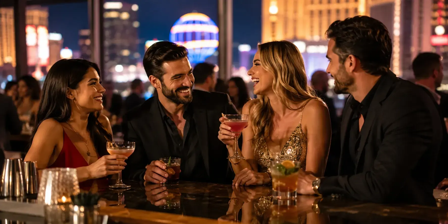 Las Vegas nightlife with friends enjoying cocktails at an upscale bar overlooking the city.