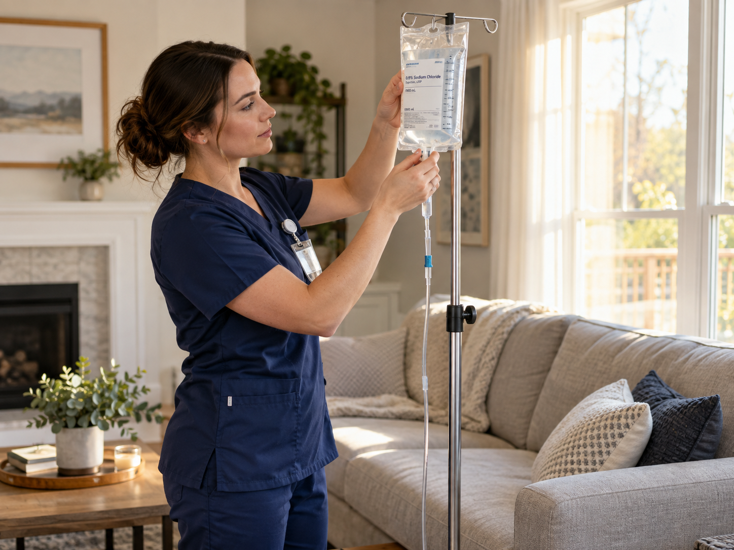 nurse in scrubs checking a labeled IV bag on a portable stand beside a living-room sofa with afternoon light